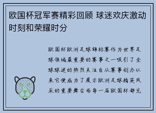 欧国杯冠军赛精彩回顾 球迷欢庆激动时刻和荣耀时分