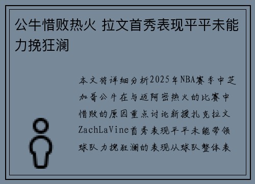 公牛惜败热火 拉文首秀表现平平未能力挽狂澜