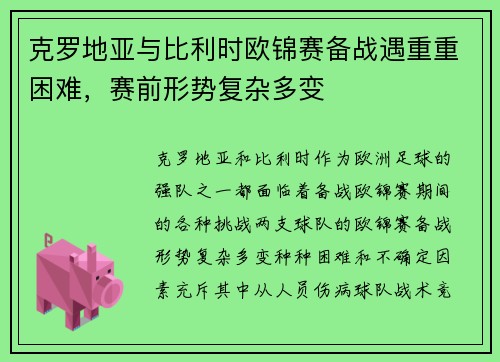 克罗地亚与比利时欧锦赛备战遇重重困难，赛前形势复杂多变