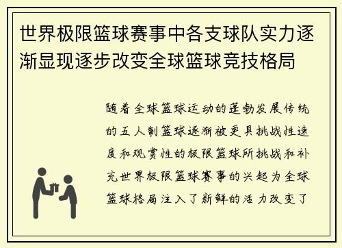 世界极限篮球赛事中各支球队实力逐渐显现逐步改变全球篮球竞技格局